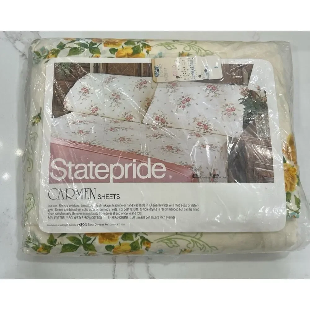 Vtg 1980s NOS Statepride Carmen Gold Floral Complete King Sheet Set Floral USA